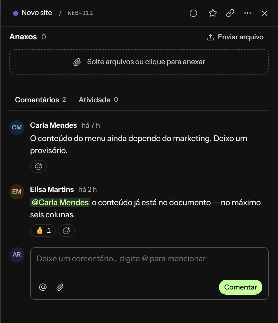 Comentários de uma tarefa com menção a uma pessoa do time.