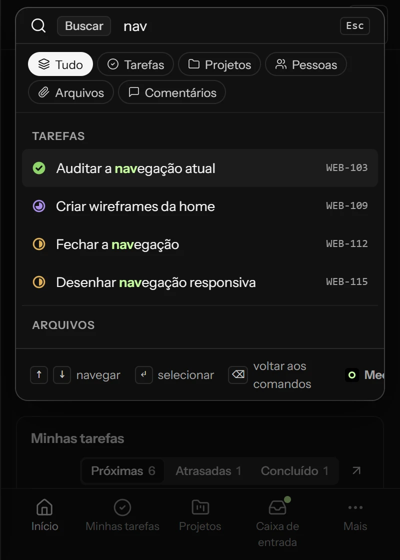 Busca no workspace com resultados de tarefas e arquivos.