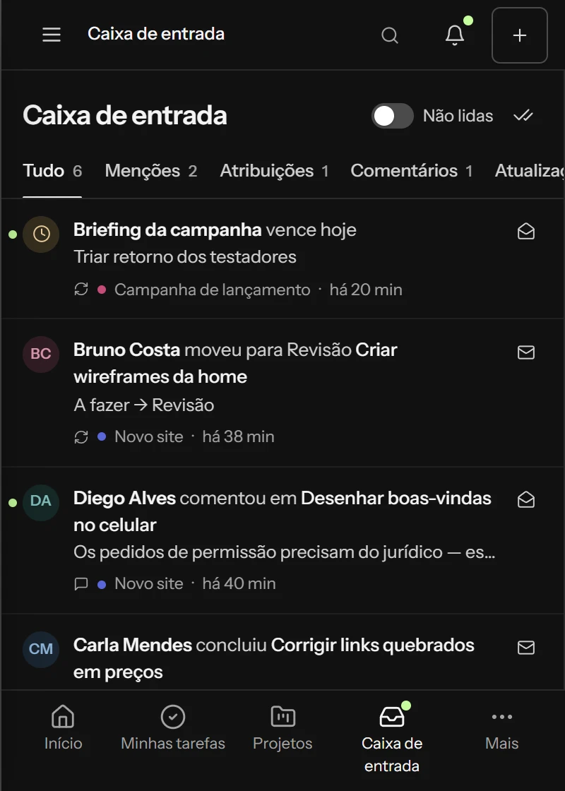 Caixa de entrada com menções e atribuições.