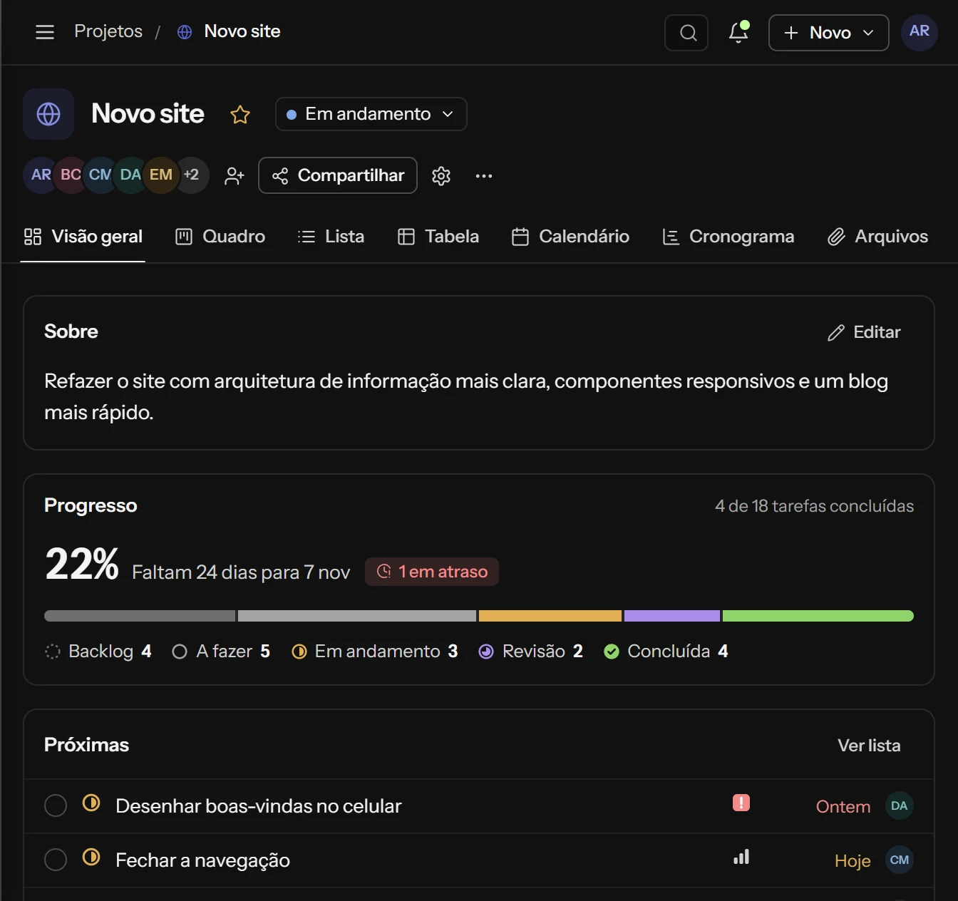 Visão geral do projeto com progresso por status e próximas tarefas.